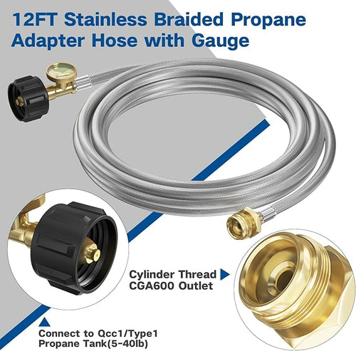 12FT Stainless Braided Propane Adapter Hose with Gauge, Propane Tank Hose Adapter 1lb to 20lb Converter for QCC1/Type1 Coleman Camp Stove, Buddy Heater, Tabletop Grill&More 1lb Portable Appliance