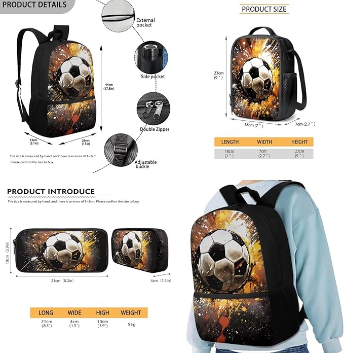 Rnyleeg Soccer Backpack for Boys 5-6 Novelty Kids Backpack with Lunch Box Large Capacity School Bag Set of 3 for Primary Students Back to School Supplies