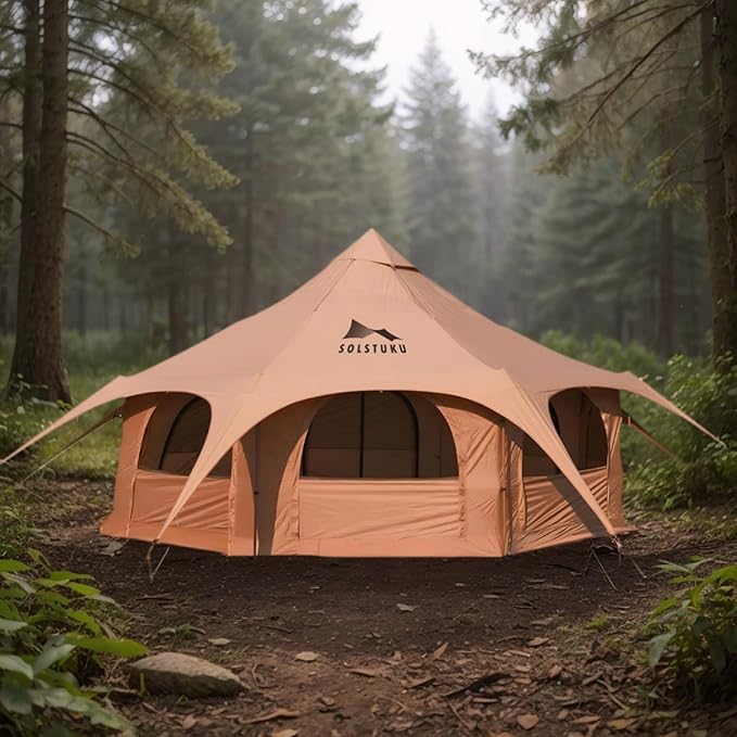 SOLSTUKU 4 Season Canvas Bell Tent, 270 sq ft, 9.8 ft Peak Height, 10 Person, Free Standing, Zipper Closure, Compact Style, Camping & Hiking, Family Camping, Cold-Weather, Outdoor Activities