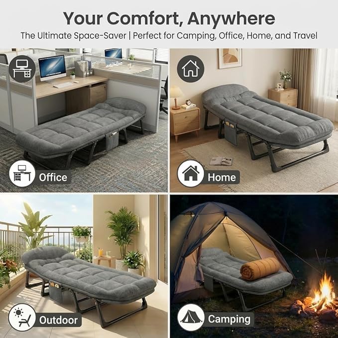 Portable Folding Bed Cot Recliner 6 Position Adjustable Backrest with Pillow Heavy Duty Steel Frame for Camping Office Nap Indoor Outdoor Use (Large(74in))