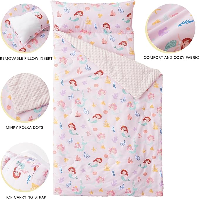 Bunnikins & Clover Toddler Nap Mat with Removable Pillow, Nap Mats for Preschool, Easy Clean Toddler Nap Pad for Kindergarten, Kids Sleeping Bag for Travel Camping