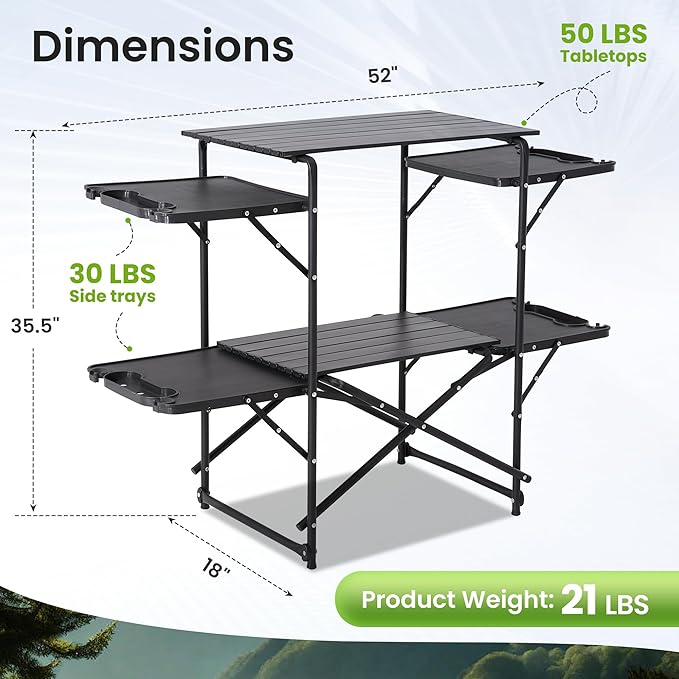 Slim-Fold Camping Kitchen Table, Metal Folding Portable Outdoor Cook Station with 4 Side Tables, 2 Storage Shelves & Carrying Bag, Heat Resistant Quick Set-Up for Picnic BBQ