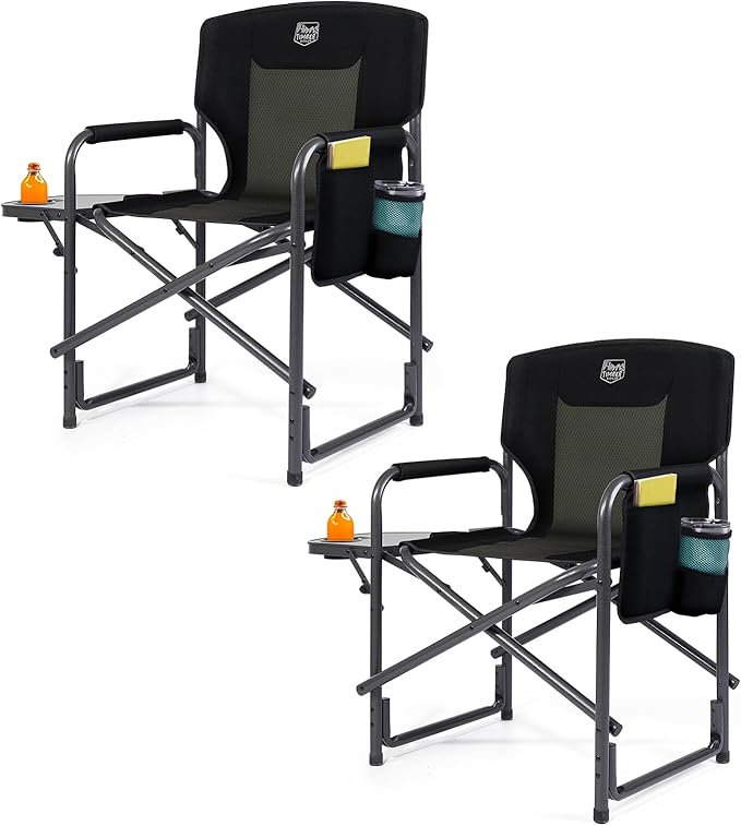 TIMBER RIDGE Lightweight Oversized Camping Chair, Aluminum Directors Chair with Side Table for Outdoor Camping, Lawn, Picnic and Fishing, Supports 400lbs, Black 2PCS