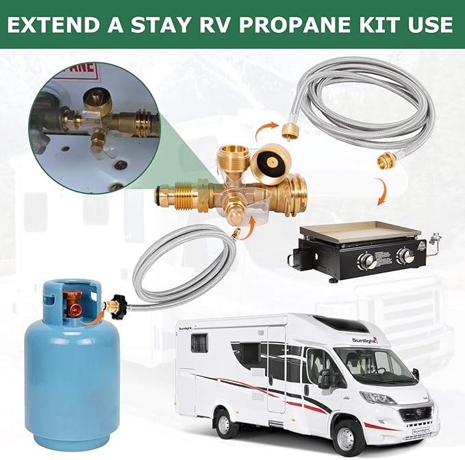 Extend a Stay RV Propane Kit, 4-Port Propane Brass Tee with 5 ft & 12 ft Stainless Steel Hoses for Connection Between Auxiliary Propane Cylinder and Appliances, Camping, Motorhomes