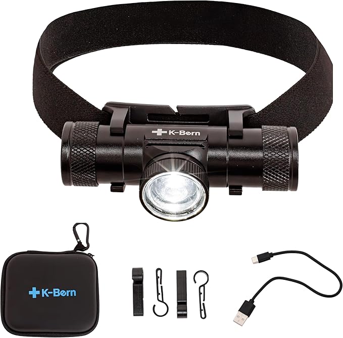 K-Bern PRO Rechargeable Headlamp. 600 Lumen, UL Approved 3500 mAh Battery, Ultra Bright Head Lights Waterproof, Lightweight Aluminum. Perfect for Work, Dog Walking, Camping & Hard Hat