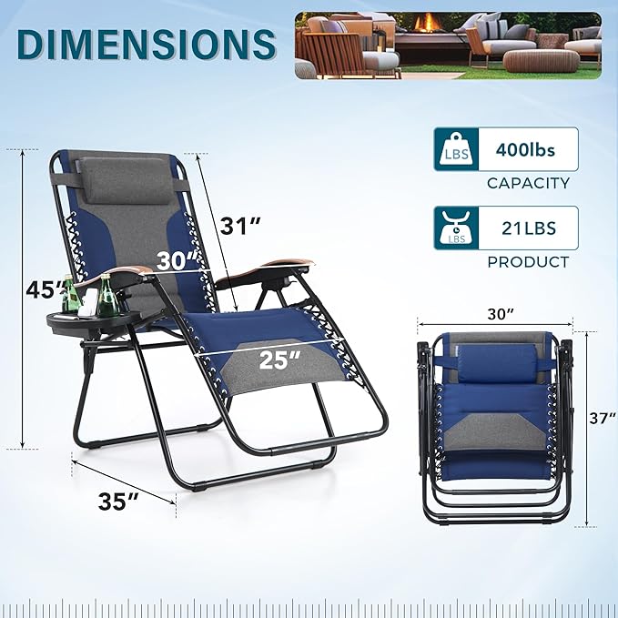 MFSTUDIO Zero Gravity Chairs Set of 2, XL Oversized Outdoor Anti Gravity Chair, Patio Lounge Folding Adjustable Chair with Cup Holder & Padded Headrest, Support 400lbs,Cyan