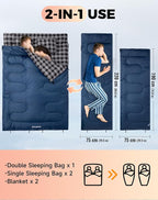 KingCamp Double Sleeping Bag for Adults, Queen Size 2 Person XXL Flannel Sleeping Bag, Waterproof Lightweight Flannel Quilt with 2 Pillows, Perfect for Couples Family Camping Hiking