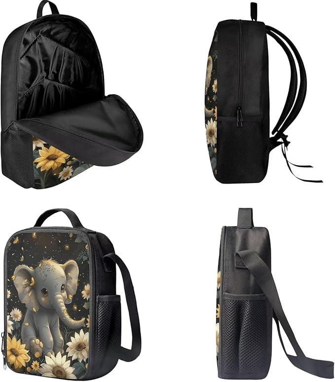 Lovely Elephant Sunflower School Backpack Set of 3, Kids Travel Bookbag Hiking Backpack Diaper Bag Insulated Lunch Bag Handbags Pencil Pouch Pen Bag for Purse Fountain Pens, Black Gray