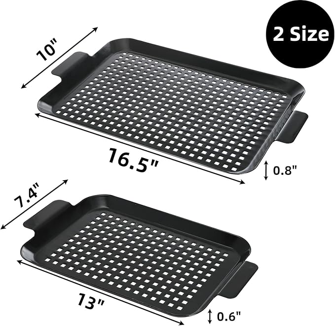 2 Pack Grill Pans, Nonstick Grill Topper for Outdoor Grill, BBQ Grilling Baskets with Perforated Bottom, Heavy Duty Carbon Steel Grill Grid for Cooking Camping, 16.5" x 10" and 13" x 7.4"
