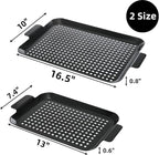2 Pack Grill Pans, Nonstick Grill Topper for Outdoor Grill, BBQ Grilling Baskets with Perforated Bottom, Heavy Duty Carbon Steel Grill Grid for Cooking Camping, 16.5" x 10" and 13" x 7.4"