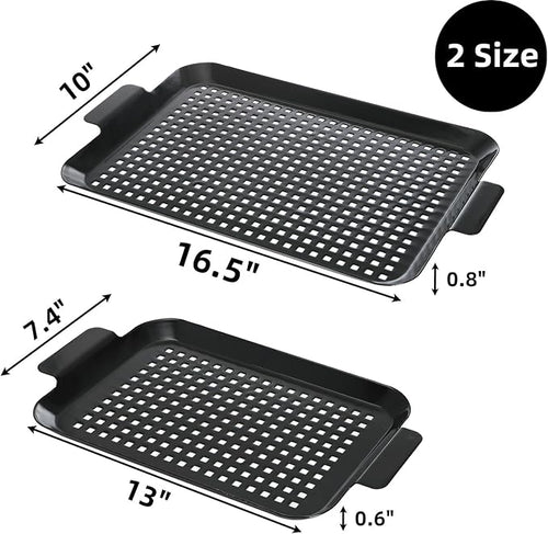 2 Pack Grill Pans, Nonstick Grill Topper for Outdoor Grill, BBQ Grilling Baskets with Perforated Bottom, Heavy Duty Carbon Steel Grill Grid for Cooking Camping, 16.5" x 10" and 13" x 7.4"