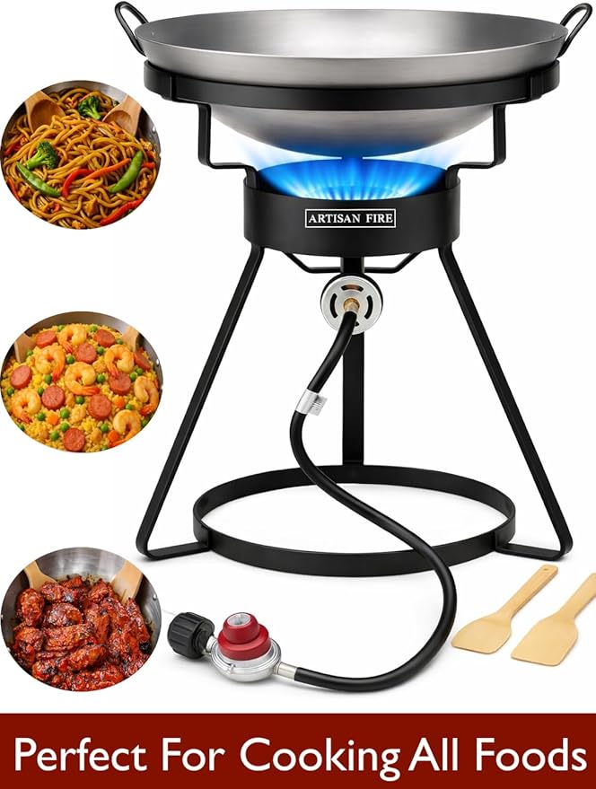 Outdoor Cooker Stove with Iron Wok-Propane Grill-55,000 BTU High Pressure Propane Burner-Ideal for Backyard BBQ, Camp Stove