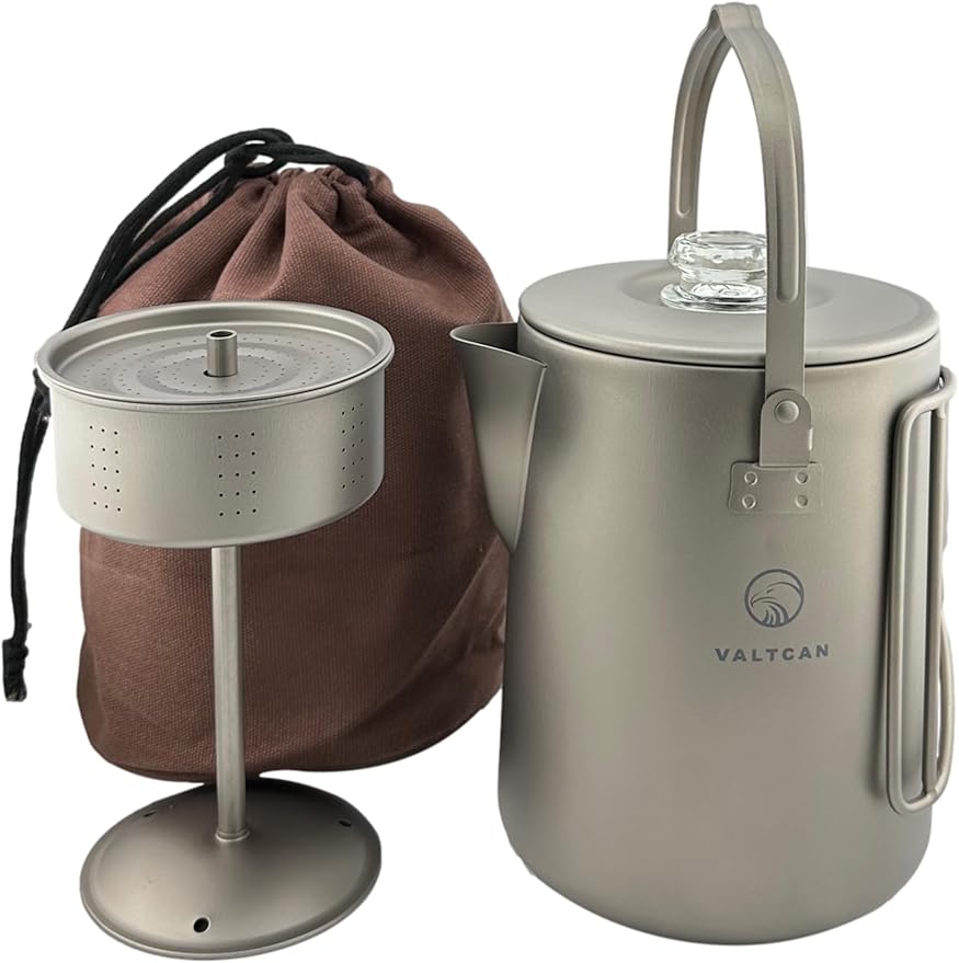 Valtcan Titanium Percolator Coffee Maker World's First Full Titanium, 6-Cup 1.5L, 395g Ultralight, No Metallic Taste, CNC Filter, Glass Brew Viewer, Campfire & Stovetop, Grade 1 Ti, Carry Case