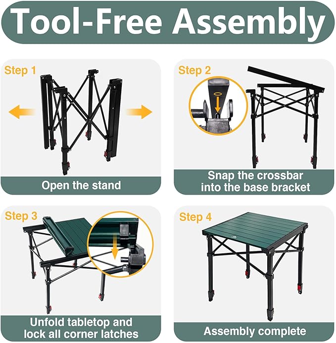 Portable Camping Table with Adjustable Height, Lightweight Aluminum Roll Top Folding Camp Table with Storage Pockets & Dual-Compartment Bag, Heat-Resistant, for RV, Picnic, BBQ, Outdoor (M)