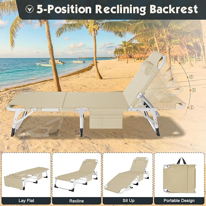 MOPHOTO Folding Chaise Lounge Chair 5-Position, Folding Cot, Heavy Duty Patio Chaise Lounge Beach Chair with Face Hole for Outside, Poolside, Beach, Lawn, Camping