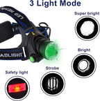 GRACETOP Greenlight LED Headlamp, 1800 Lumens Zoomable Hunting LED Head lamp Flashlight, Hands-Free Headlight Torch Lamp for Hunting Hiking Camping Fishing Reading Running