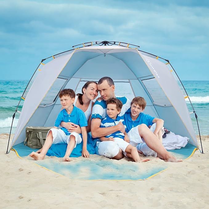 WolfWise 4-5 Person Beach Tent with UPF 50+ Sun Protection, Portable Ventilated Beach Shade Canopy with Extended Porch, Easy Setup & Windproof Design, Large, Blue