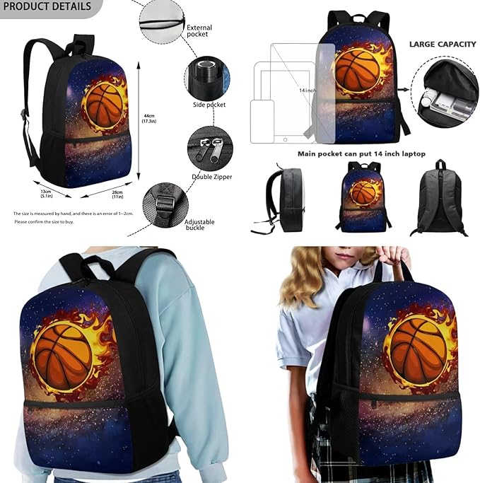 Rnyleeg Fire Basketball Backpack for Kids Age 6-8 Cool Boys Backpack with Lunch Box 3 Pcs Bookbag Set for Elementary School Back to School Gifts