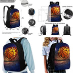 Rnyleeg Fire Basketball Backpack for Kids Age 6-8 Cool Boys Backpack with Lunch Box 3 Pcs Bookbag Set for Elementary School Back to School Gifts