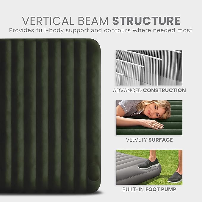Intex 64762E Dura-Beam Standard Downy Air Mattress: Fiber-Tech – Full Size – Built-in Foot Pump – 10in Bed Height – 300lb Weight Capacity