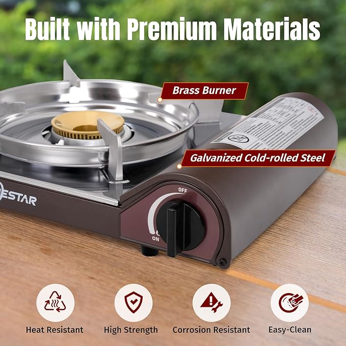 SHINESTAR 14000 BTU Butane Camping Stove, Double Wind-Guard Portable Butane Stove for Camping, Hiking, Emergencies, Tailgating Essentials, Carrying Case Included, Brown