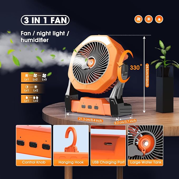 Ausic 10W Solar Fan with Mister, Misting Camping Fan with Solar Panel, Portable Outdoor Fans, 8 Inch Battery Operated Rechargeable Cooling Fans with Water Spray for Travel/Beach/Chicken Coop