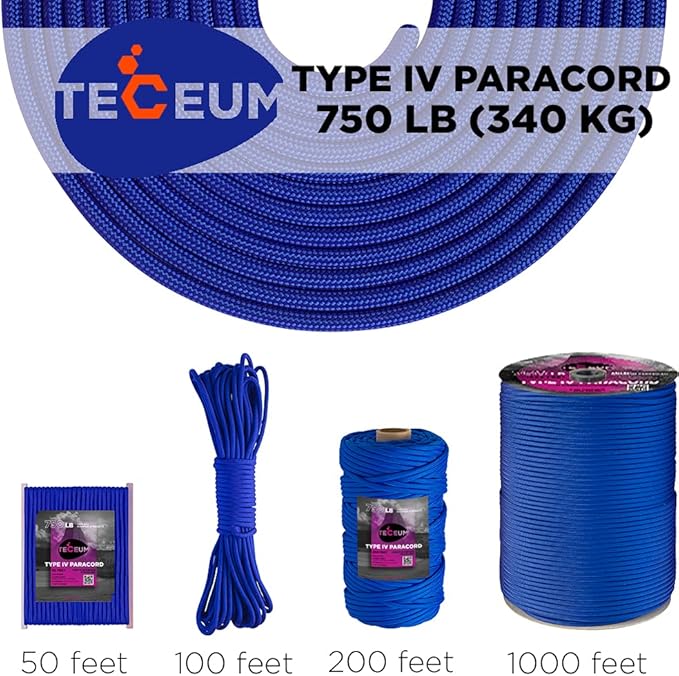 TECEUM 5/32" Paracord Rope 1000 – 1000ft / 200ft / 100ft / 50ft – Tactical Parachute Cord 4mm – 45+ Colors – Nylon String for Survival & Camping Gear – Stripe Cord for Survival – Utility Rope