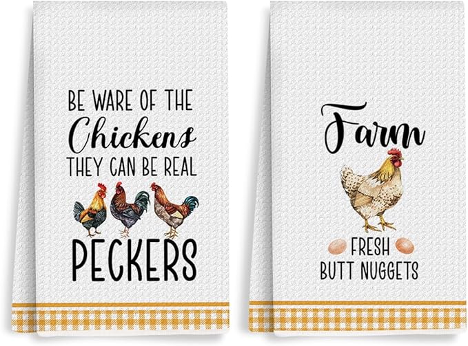 2Pcs Funny Kitchen Towels 24x14 Inch, Rooster Chicken Kitchen Decor Waffle Weave Hand Towels for Farmhouse, White Absorbent Microfiber Dish Cloth Tea Towel Chicken Gifts for Women Mom 4