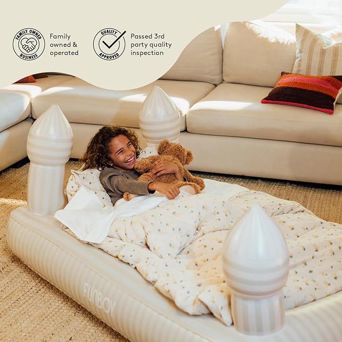 FUNBOY Kids Striped Castle Sleepover Travel Bed & Air Mattress. Perfect for Sleepovers. Includes Carrying Storage Bag, Twin