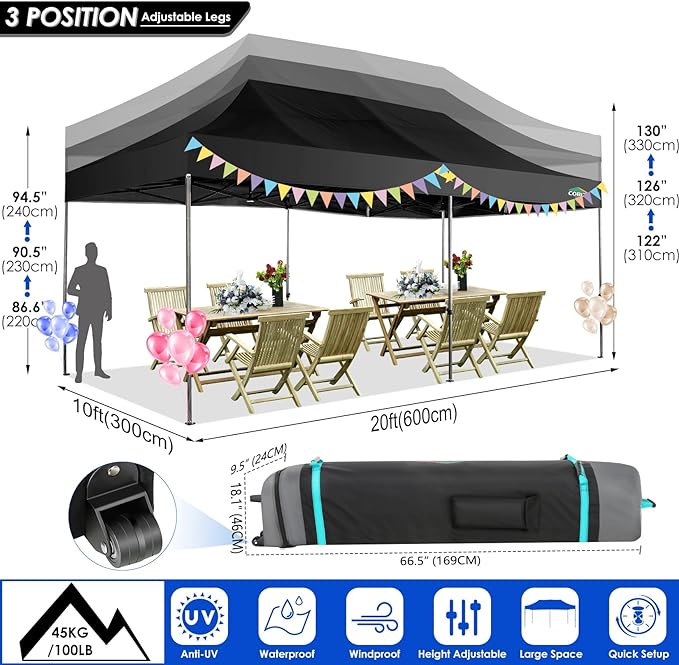 COBIZI 10x20 Heavy Duty Pop up Canopy Tent Without Sidewall Easy Up Commercial Outdoor Canopy Wedding Party Tents for Parties All Season Wind Waterproof Gazebo with Roller Bag, Black(Frame Thickened)