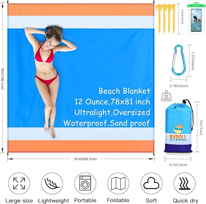 BYDOLL Beach Blanket 78''×81'' 4-7 Adults Oversized Lightweight Waterproof Sandproof Beach Blanket Large Picnic Mat for Travel Camping Hiking Picnic