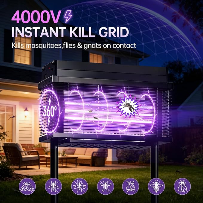 Solar Bug Zapper Outdoor, 4000 SQ.FT Mosquito Zapper with Smart Rain Off Rechargeable Mosquito Killer Lamp, Wireless Solar Powered Fly Trap for Yard Patio RV Camping