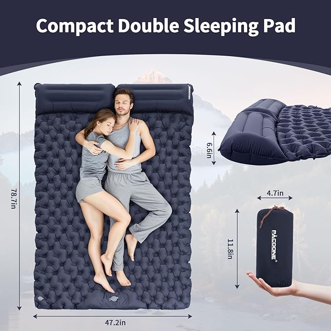 Camping Double Sleeping Pad, Self Inflating Sleeping Mat with Pillow Built-in Foot Pump, 2 Person Portable Camping Air Mattress for Backpacking, Hiking, Traveling, Tent,Beach
