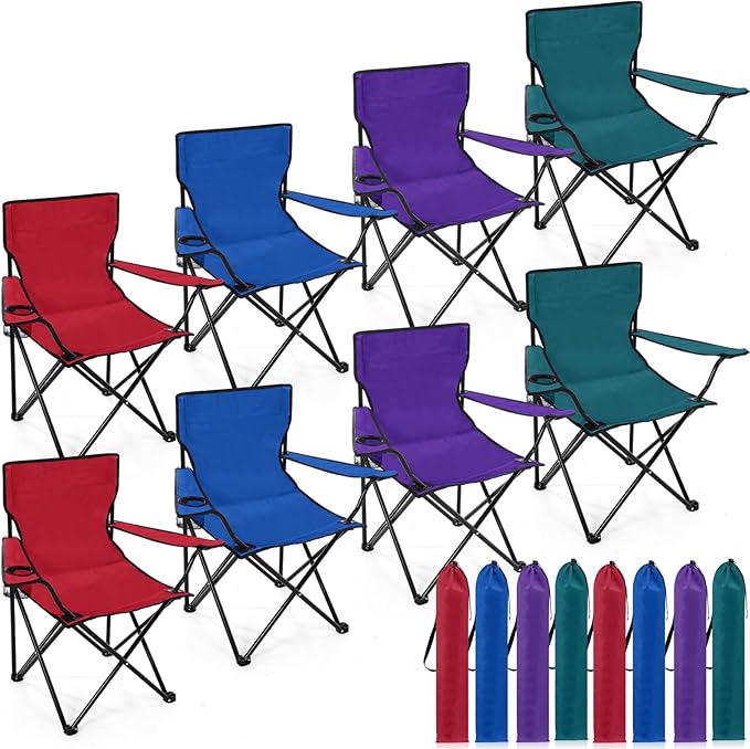 8 Pcs Folding Camping Chairs with Cupholder and Carry Bag Regular Size Portable Lightweight Lawn Chair with Mesh Side Pocket for Fishing Hiking Picnic Beach Outdoor Party (Chic)