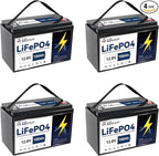 4Pack LiFePO4 Lithium Battery, 12V 100Ah Battery with Built-in 100A BMS, 1280W Energy, 7000+Deep Cycles for Home Solar Energy System, RV, Camping, Marine, Off-Grid etc
