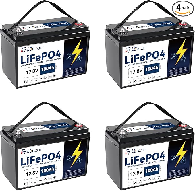 4Pack LiFePO4 Lithium Battery, 12V 100Ah Battery with Built-in 100A BMS, 1280W Energy, 7000+Deep Cycles for Home Solar Energy System, RV, Camping, Marine, Off-Grid etc
