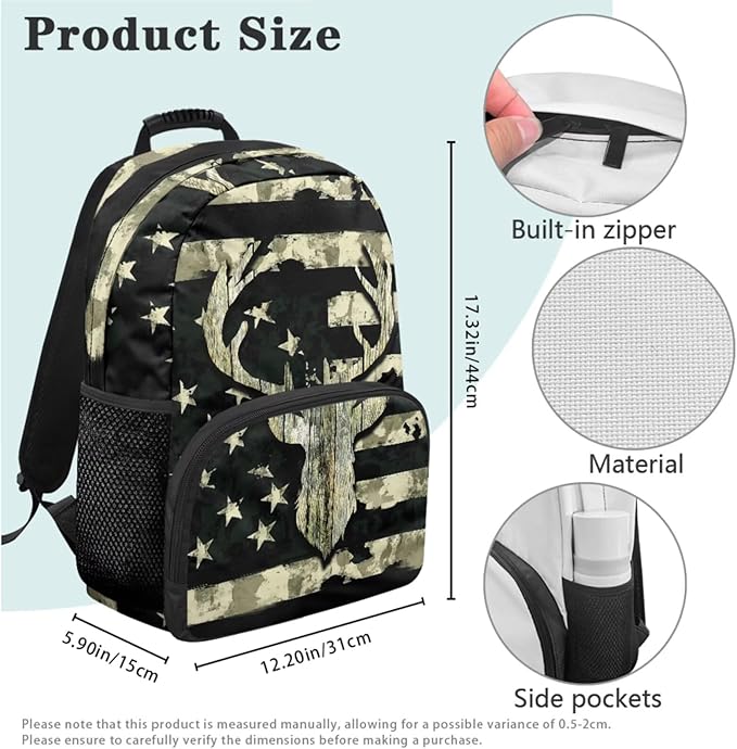 Camo Deer Backpack and Lunch Green Bookbag Lightweight Portable Kids Bookbag with Lunch Box Boys 4 Pcs School Bag for Boys 10-12 Hiking Travel Daypack Outdoor Back to School Gifts
