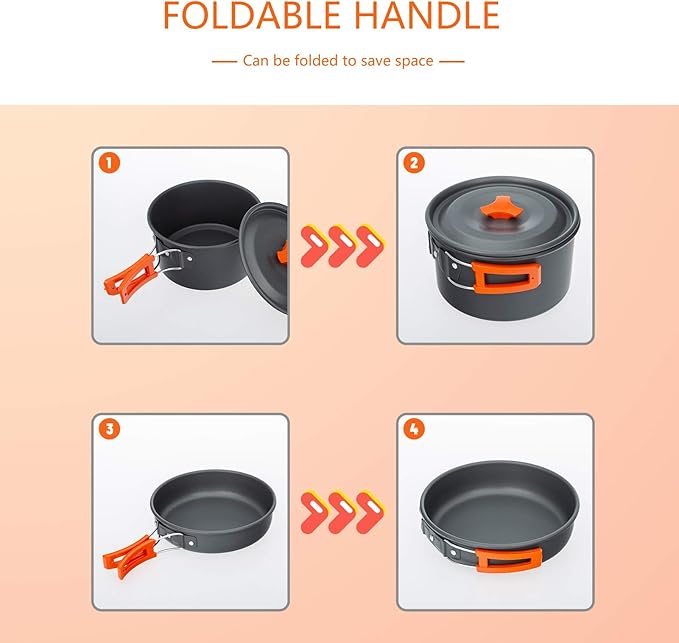 Camping Cookware Set Lightweight Portable Camping Pan Kettle Cups Outdoor Spoon Fork Cutter Outdoor Tableware for Picnic Hiking (Color : Orange) (Black)