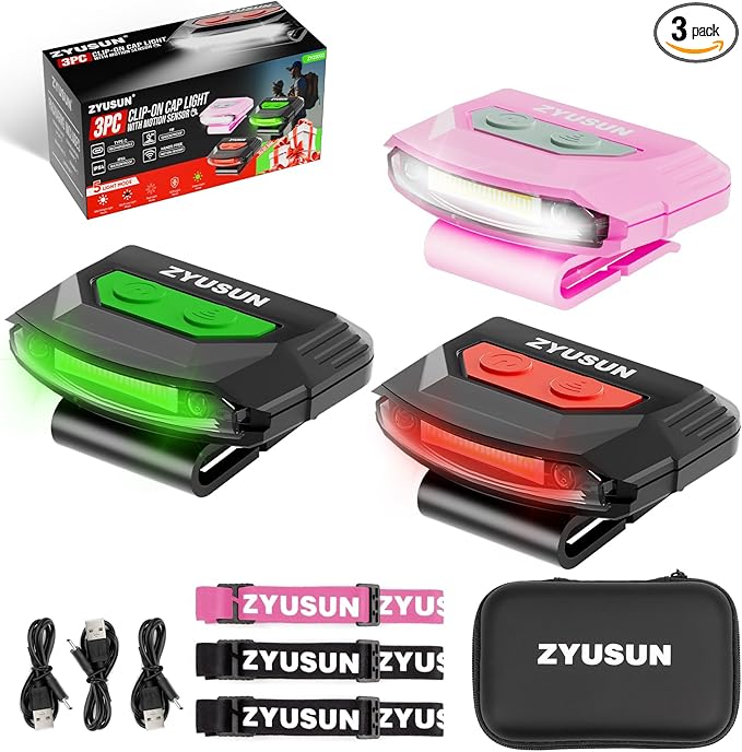 3-Pack Rechargeable Cap Light,Portable headlamps,Clip on Hat with Motion Sensor,Lightweight IPX4 Waterproof,Night Vision LED Lights for Hunting Fishing Camping Hiking Cycling (Green+Red+Pink)