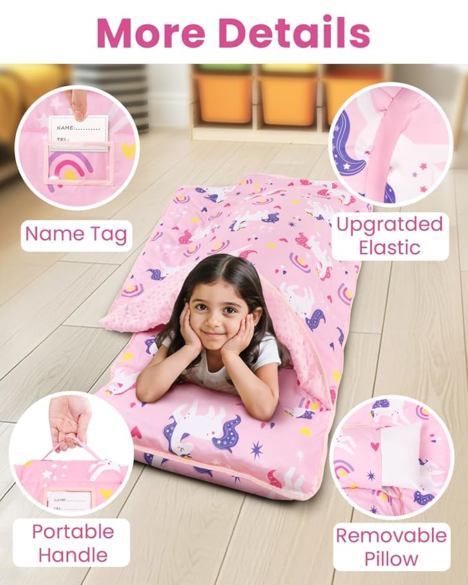 Toddler Nap Mat with Pillow and Minky Blanket, Large 55"x36" Sleeping Bag, Washable, Lightweight, Easy to Roll, Perfect for Preschool, Daycare, Kindergarten, Travel, Boys and Girls-Horse
