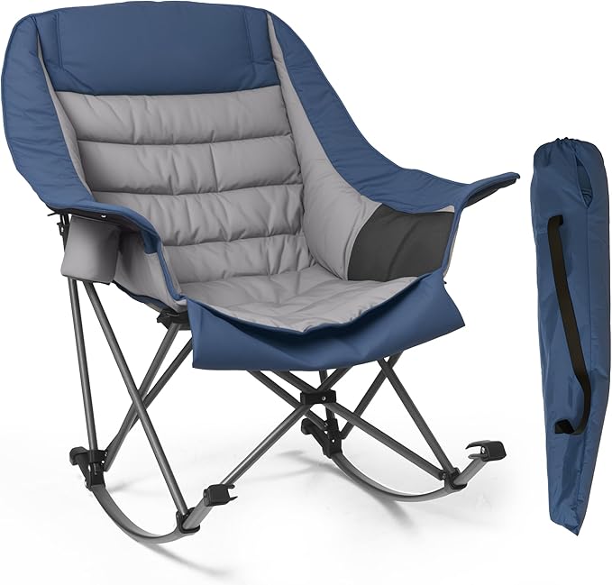 Oversized Rocking Camping Chair for Adults - 400lbs Capacity Padded Camp Chair with Cup Holder, Portable Foldable Outdoor Rocker Chair for Camping, Backyard (Blue & Dark Gray, 1 PCS)