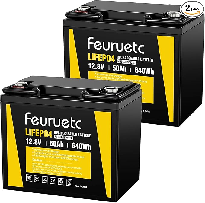 12V 50Ah Lithium Battery - Built-in 50A BMS, 5000+ Deep Cycles LiFePO4 Battery, Perfect for RV, Camping, Home Storage,Trolling Motor,Solar, Power Wheel Chair, Travel Trailer (2 Pack)