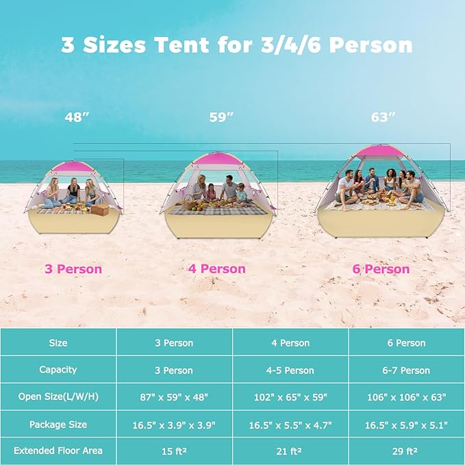 Venustas Beach Tent Sun Shelter for 3/4-5/6-7/8-10 Person, UPF 50+ UV Protection Beach Canopy, Lightweight and Easy Setup Cabana, Portable Shade Tent
