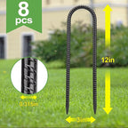 12 Inch 8 Pack Ground Anchors Heavy Duty Rebar Stakes Garden Stakes U Hook Galvanized Steel Ground Stakes Tent Stakes Trampoline Stakes, for Camping Tents Soccer Goals, Black