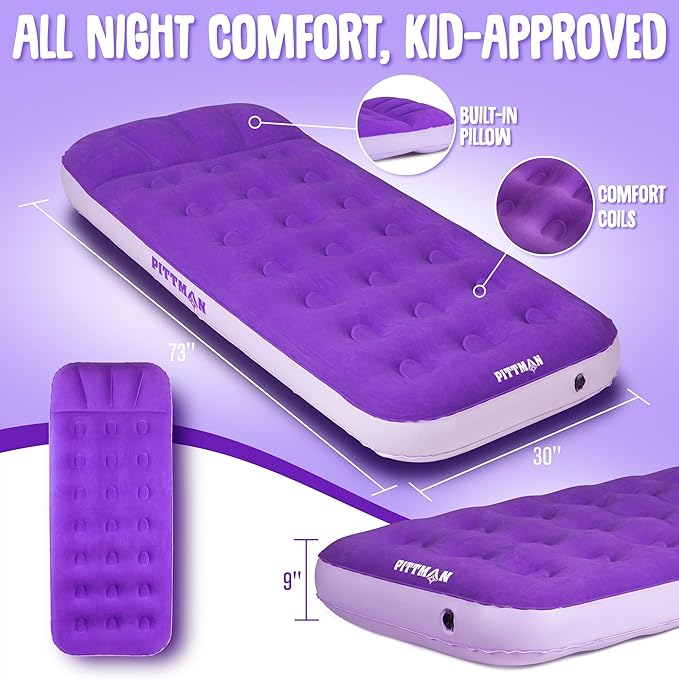 Pittman - Kids Air Mattress - Deluxe Kids Inflatable Bed with Electric Pump & Durable Backpack - Perfect Teen to Toddler Blow up Mattress for Sleepovers, Camping or Childs Travel Bed