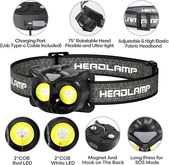 Lsnisni Headlamp Rechargeable,Ultra-Light Bright LED Kids Headlamp with Red Light, Head lamp for Adults and Kids with 5 Modes, Waterproof Forehead Flashlight for Camping Outdoor Hiking Running