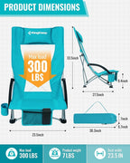 KingCamp Low Beach Chairs, Folding Portable Chair for Adults Lightweight Extra Wide Seat 300lbs Heavy Duty Oversized Backpack, Carry Bag for Camping