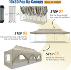 HOTEEL 10x30 Heavy Duty Pop up Canopy Tent for Parties with 8 Sidewalls, Easy Setup Outdoor Commercial Instant Gazebo for Wedding Event, with Portable Bag & Sand Bags, Khaki(Hexagonal Frame)