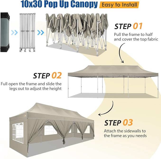 HOTEEL 10x30 Heavy Duty Pop up Canopy Tent for Parties with 8 Sidewalls, Easy Setup Outdoor Commercial Instant Gazebo for Wedding Event, with Portable Bag & Sand Bags, Khaki(Hexagonal Frame)
