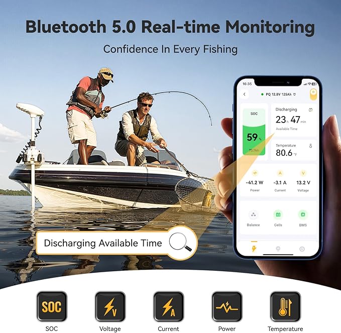 Power Queen Lithium Battery 12V 125Ah, Bluetooth Group 27 LiFePO4 Battery with Low-Temp Protection, 1600Wh Energy Max. 15000 Cycles for RV, Solar System, Trolling Motor